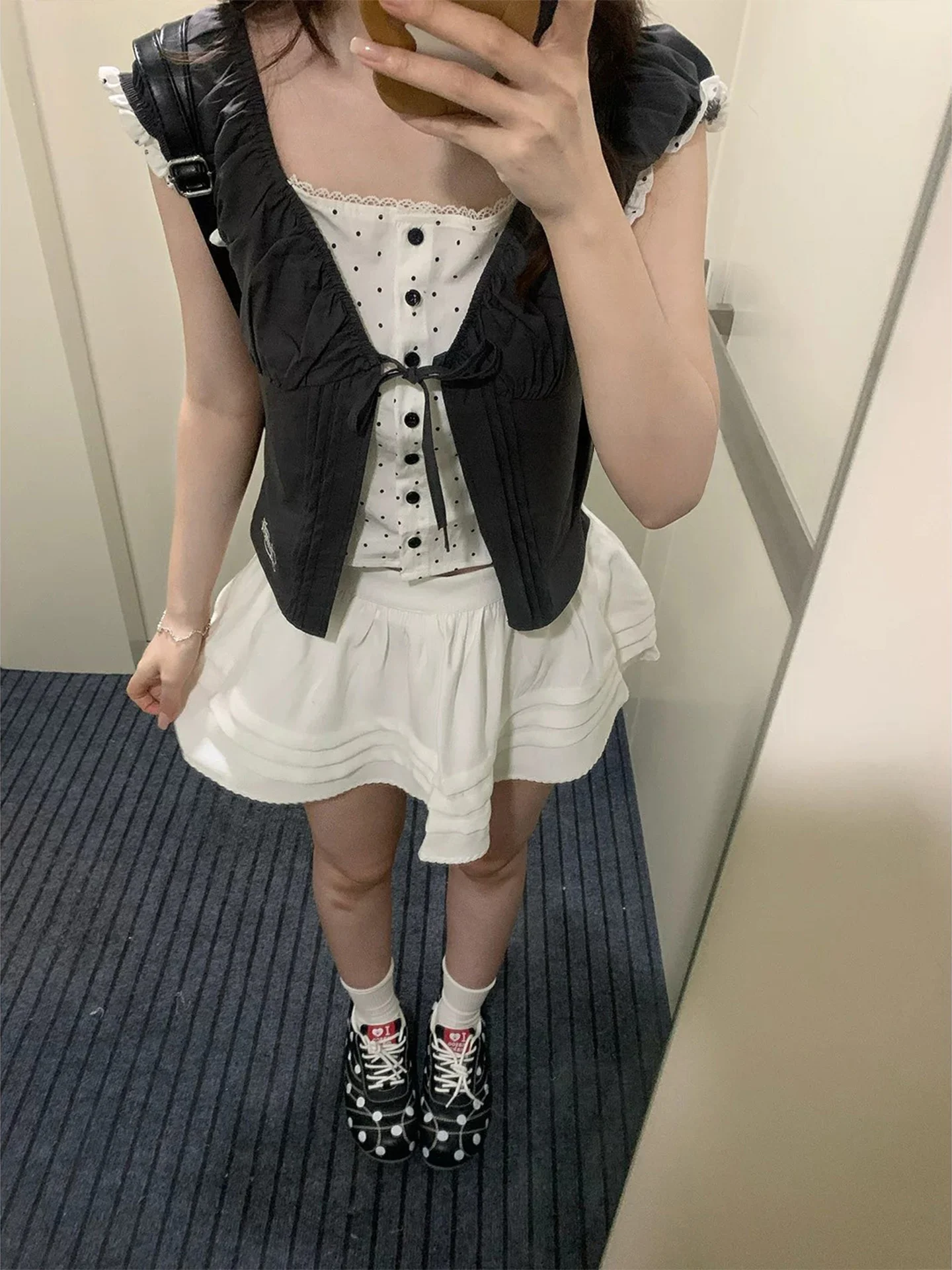 Korean Style Polka Dot Short Sleeve T-Shirt Women Summer Sweet Cool Style Lace Hem Color Block Top Trendy Fashion Ladies' Shirt