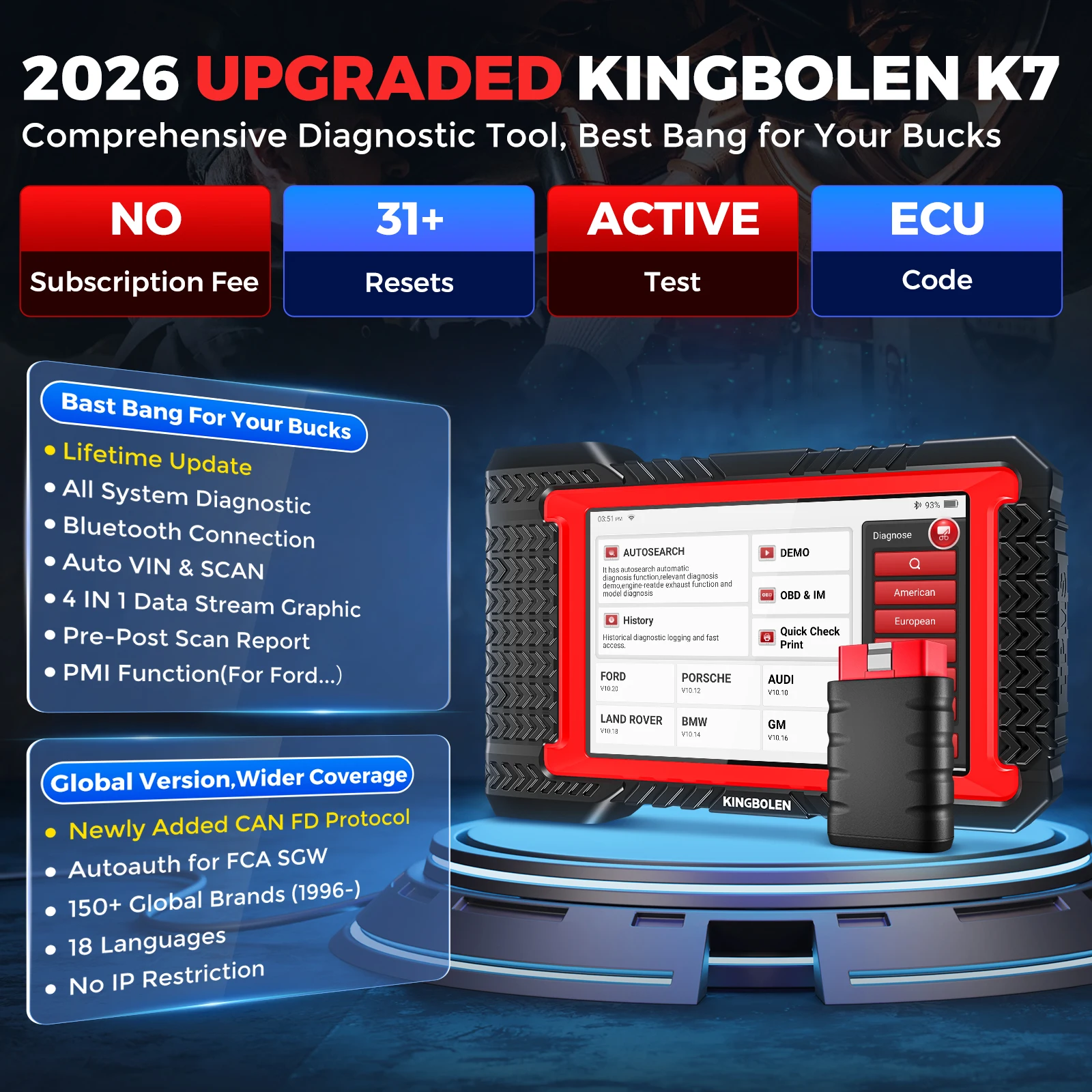 [Lebenslange kostenlose Updates KINGBOLEN K7 CANFD Global Version] 7-Zoll-Diagnosegerät für erweiterte Steuergerätecodierung, aktiver Test, 28 Resets, deutsche Fahrzeuge, automatische VIN-Prüfung, OBD-Scanner – Detail 2