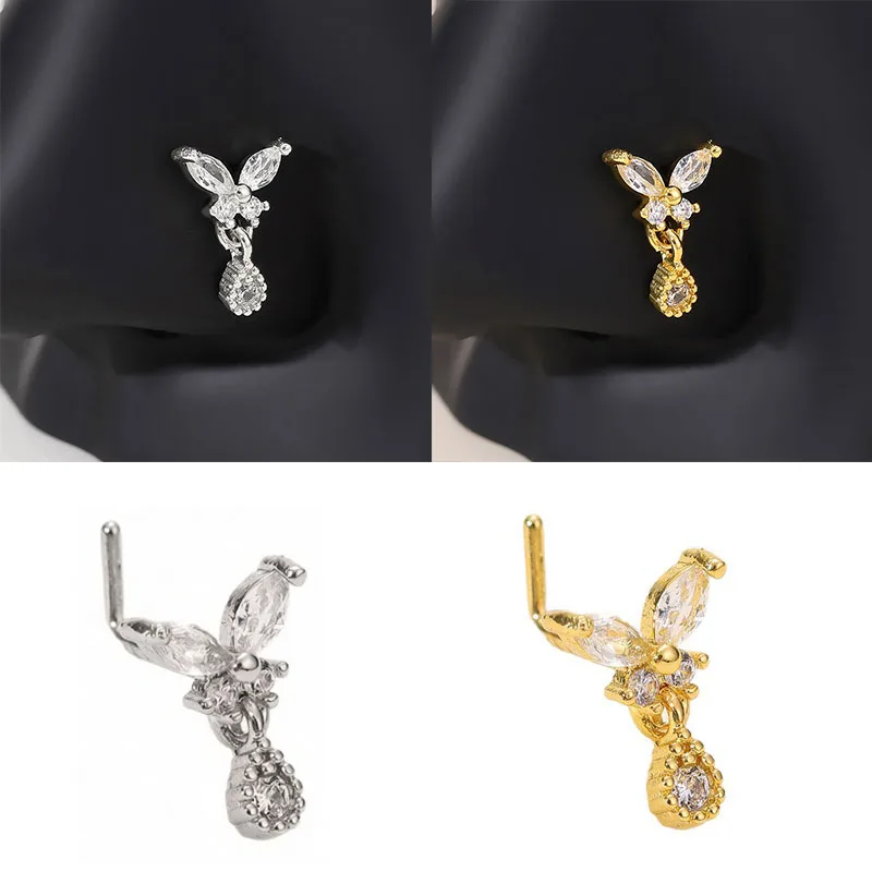 Unisex Stainless Steel L Bend Dangle Nose Studs, Sparkly Butterfly Charm Hanging Nose & Cartilage Ear Piercing Accessory