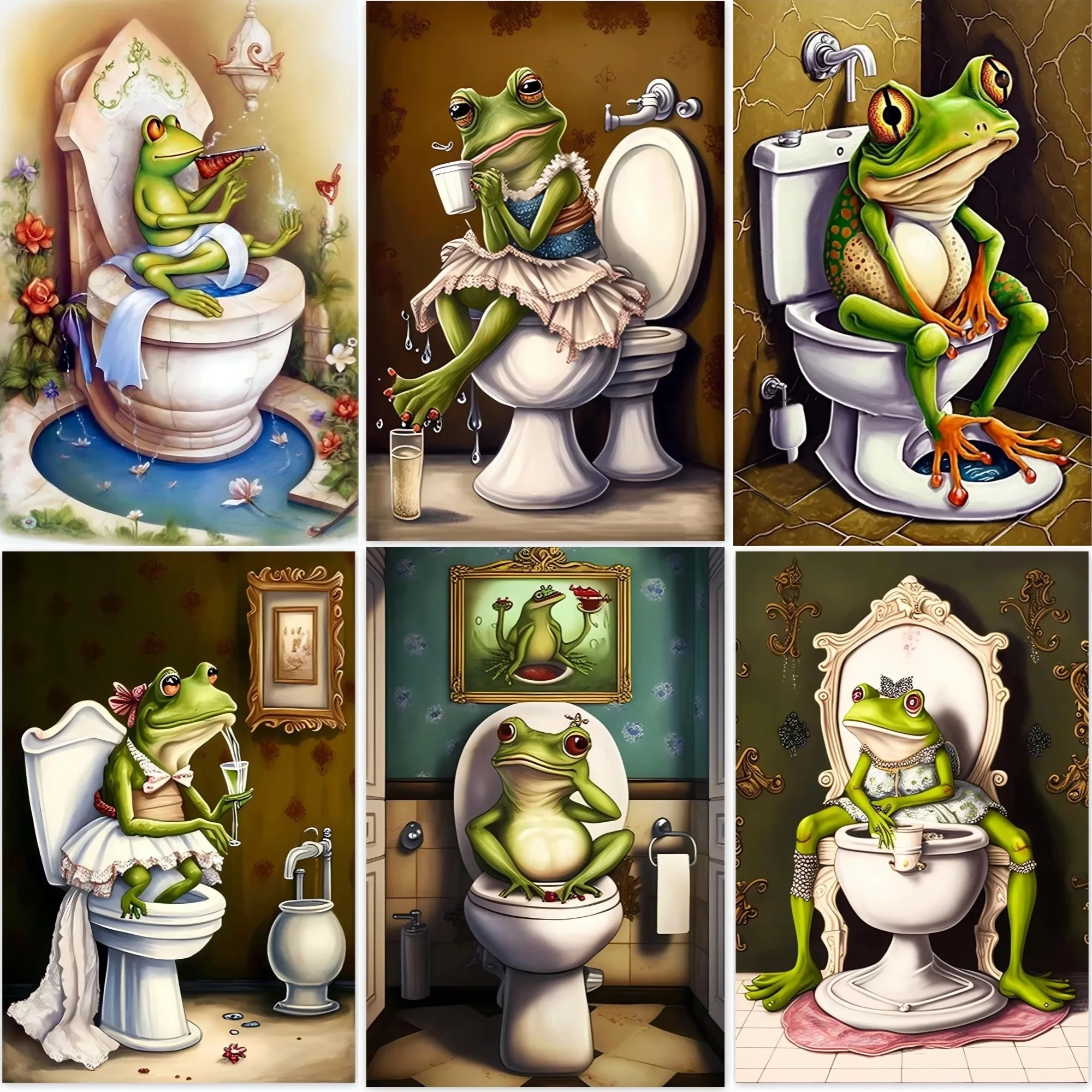 

Frog in Bathroom Wall Art DIY Diamond Painting Kit Frog on Toilet , Full Drill Embroidery Mosaic Cross Stitch Funny Toilet Humor