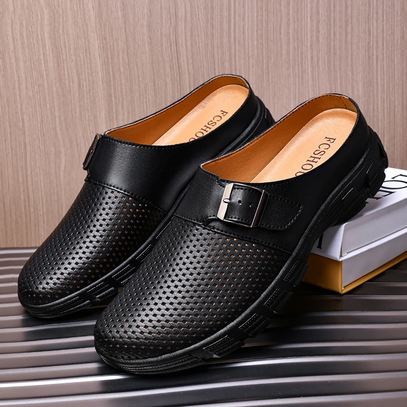 

Brand Male Half Dragged Loafers Belt Buckle Casual Mules Shoes Summer Men Half Slippers All-match Male Driving Shoes Moccasins