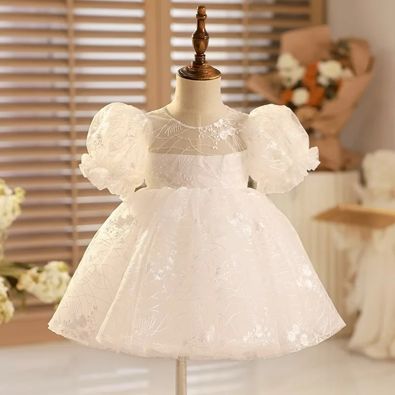 Children Clothing Baby Girl Puffy Embroidery Dresses Birthday Elegant white Princess Prom Dress for Kids Short sleeve Ball Gown