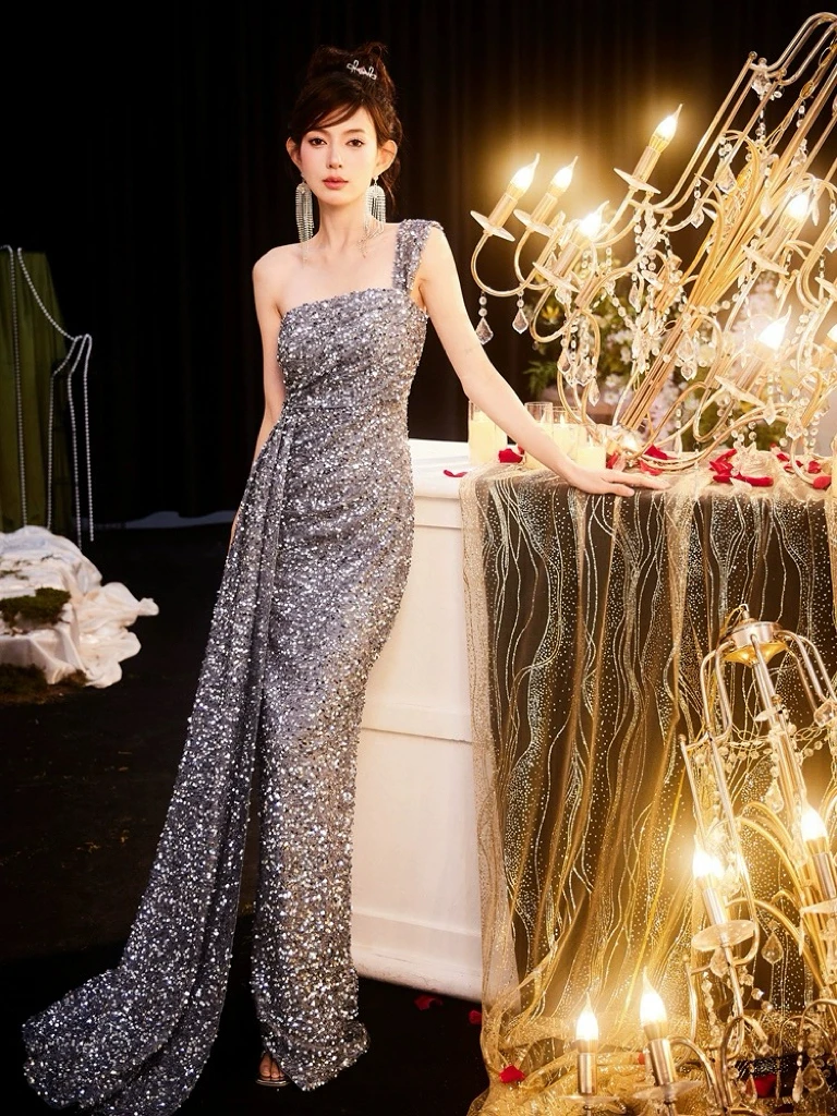 

Gray Sequins Cocktail Dresses Backless Woman Shiny Mermaid Ribbon Sleeveless Floor Length Celebrity Ceremony Evening Gowns 2023