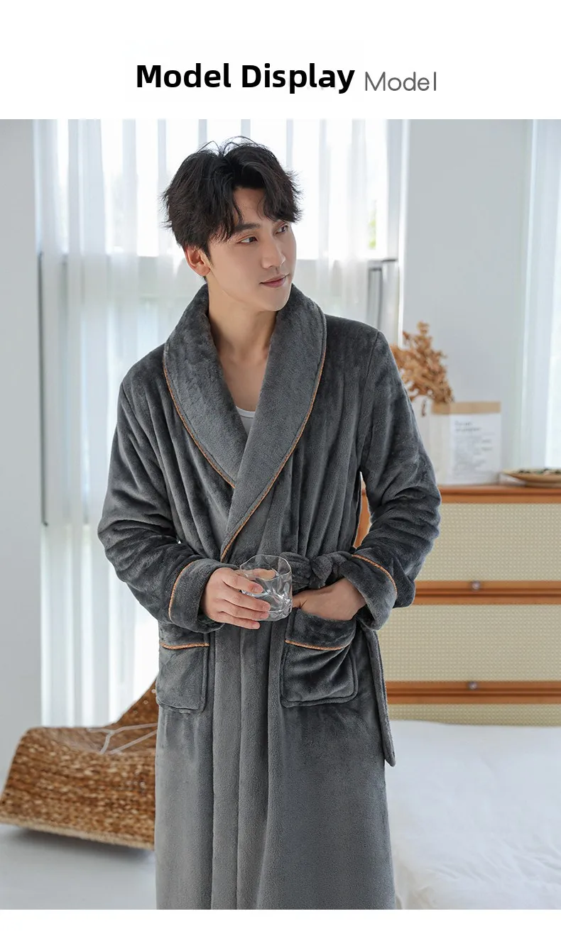 Nuevo Conjunto de Ropa de Casa para Hombre, Invierno, Bata Larga y Gruesa de Felpa Coral con Pantalones de Pijama, Cálido y A...