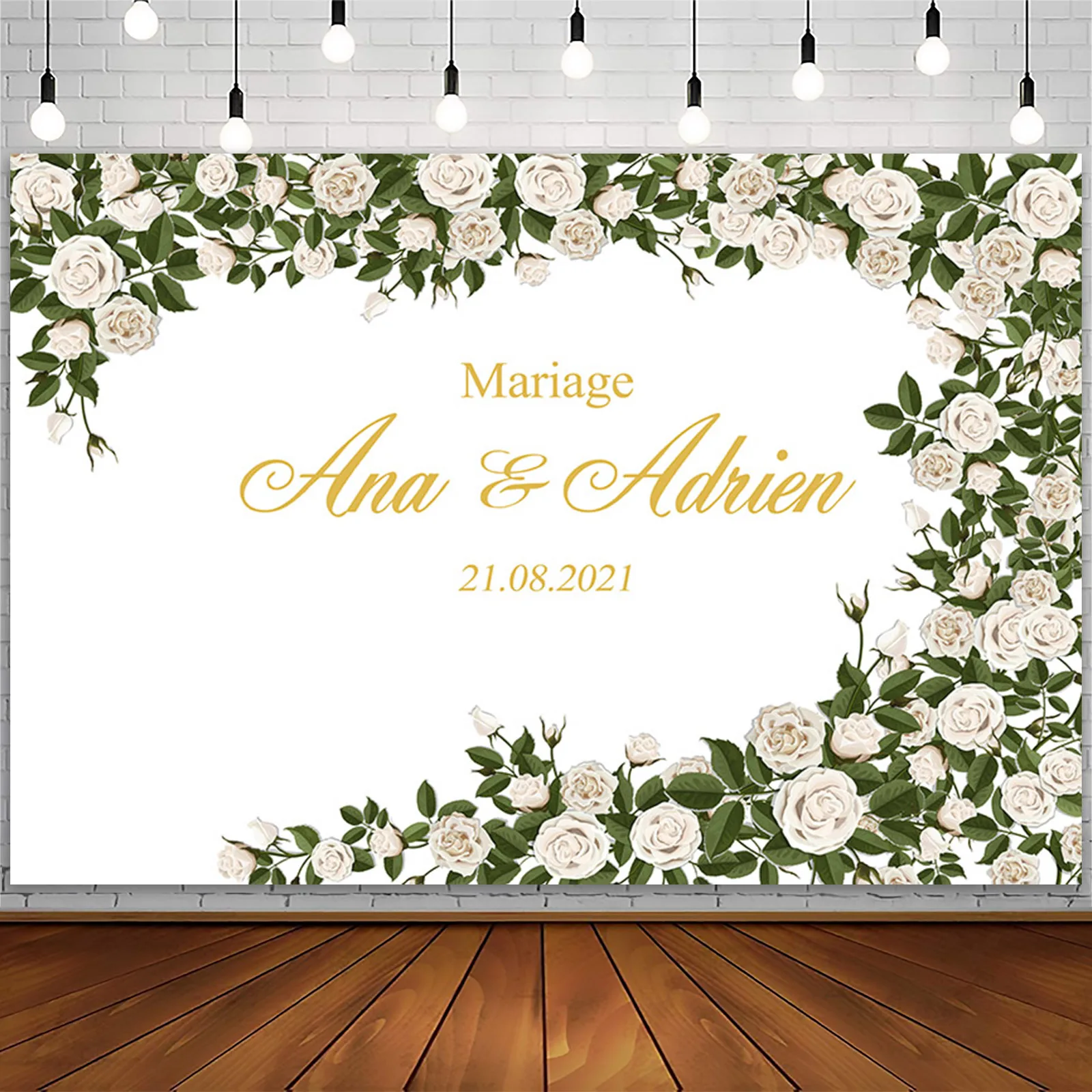 AIBIIN Customize Text Wedding Backdrop Green Leaf Rose Floral Anniversary Birthday Poster Bridal Shower Party Decor Background