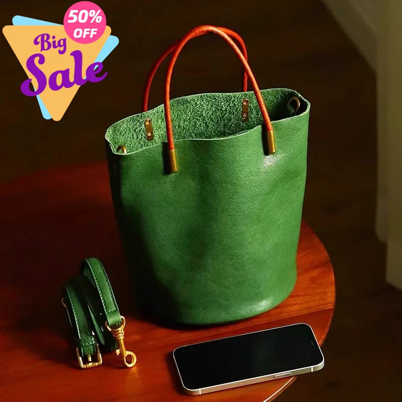 Women's Bag Japanese Green Bucket Bag Fashion Handbag Simple Versatile Pu Leather Trendy New Exquisite Hardware Zipper Handbag