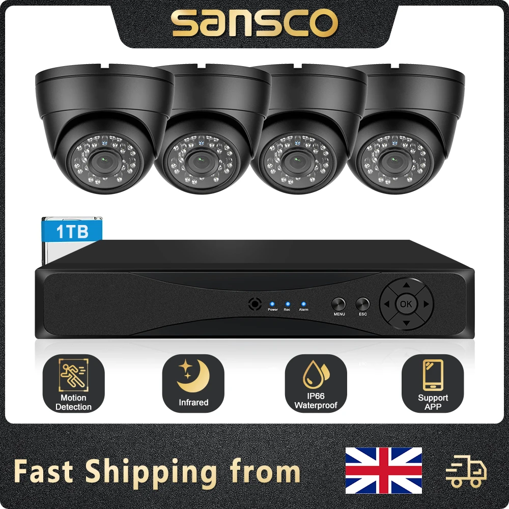 SANSCO HD CCTV Security Camera System 8 Channel 5MP DVR with (4) 2MP In/Outdoor Dome Surveillance Cameras with 1TB Hard Drive