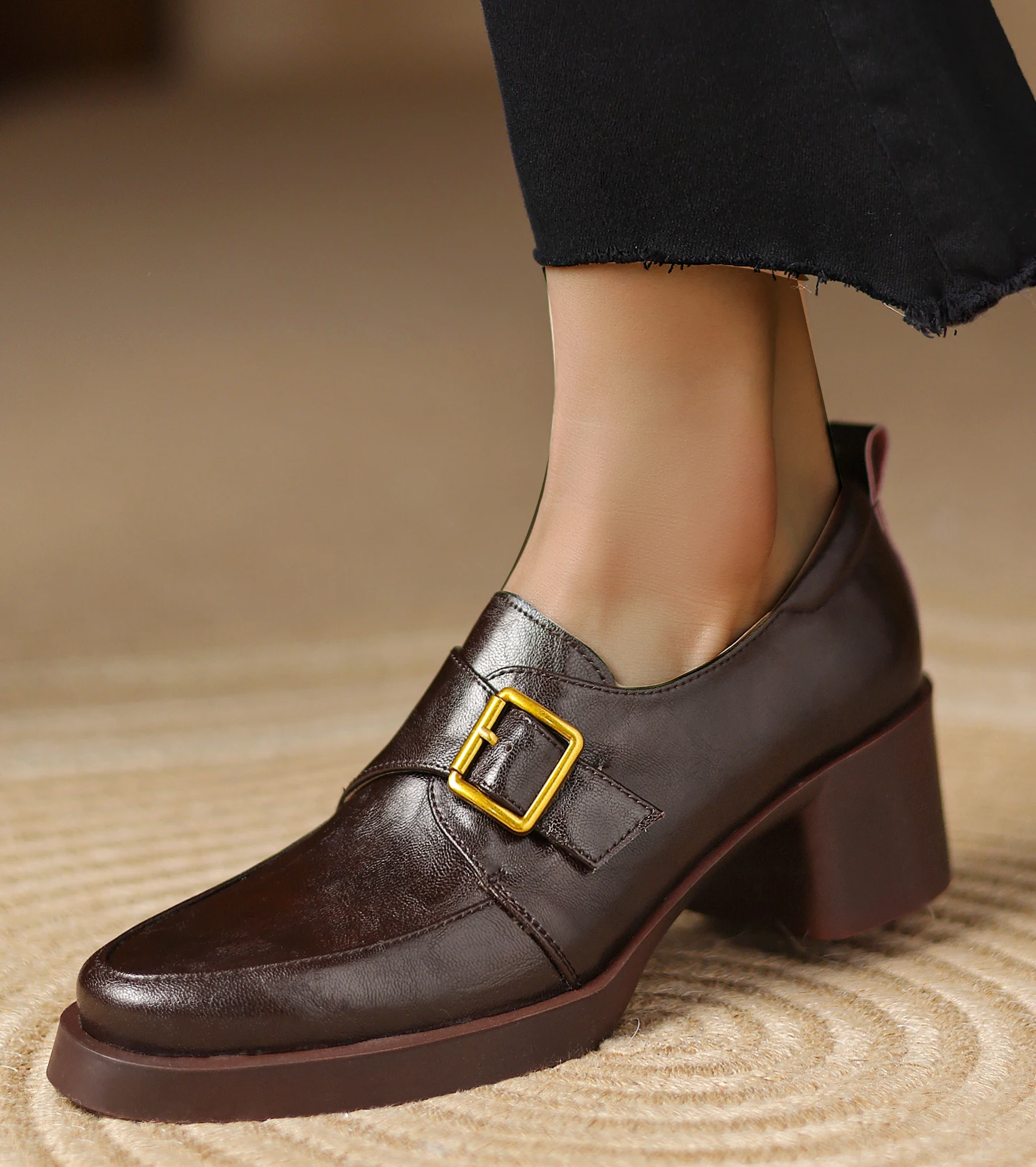 EAGSITY Cow Leather pointed toe square heel loafers women's shoes high heel pumps slip on footwear walking party low heel shoes