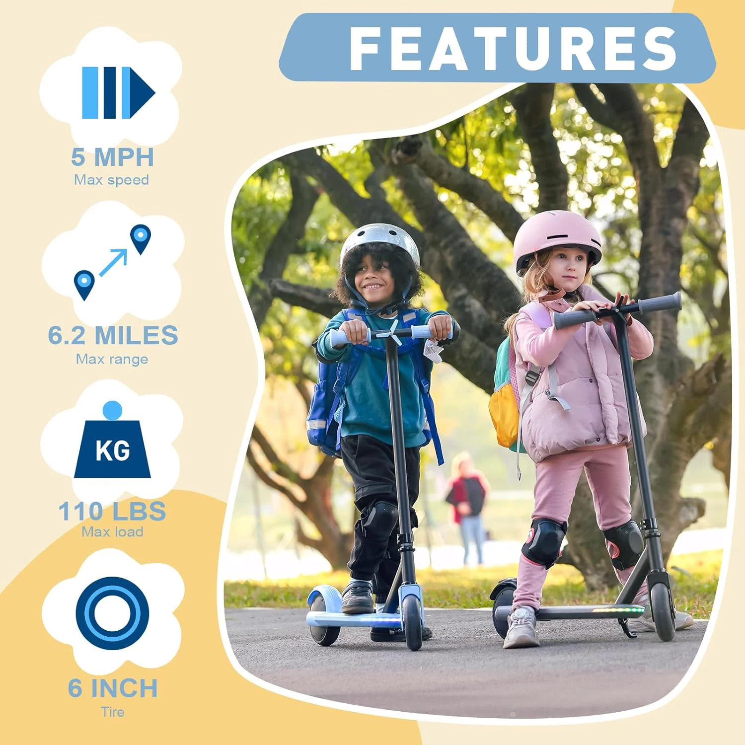 Hulajnoga elektryczna dla dzieci w wieku 4–10 lat, bezpieczna prędkość 8 km/h, zasięg 9,6 km, pełne opony 6 cali, uruchamianie nożne.
