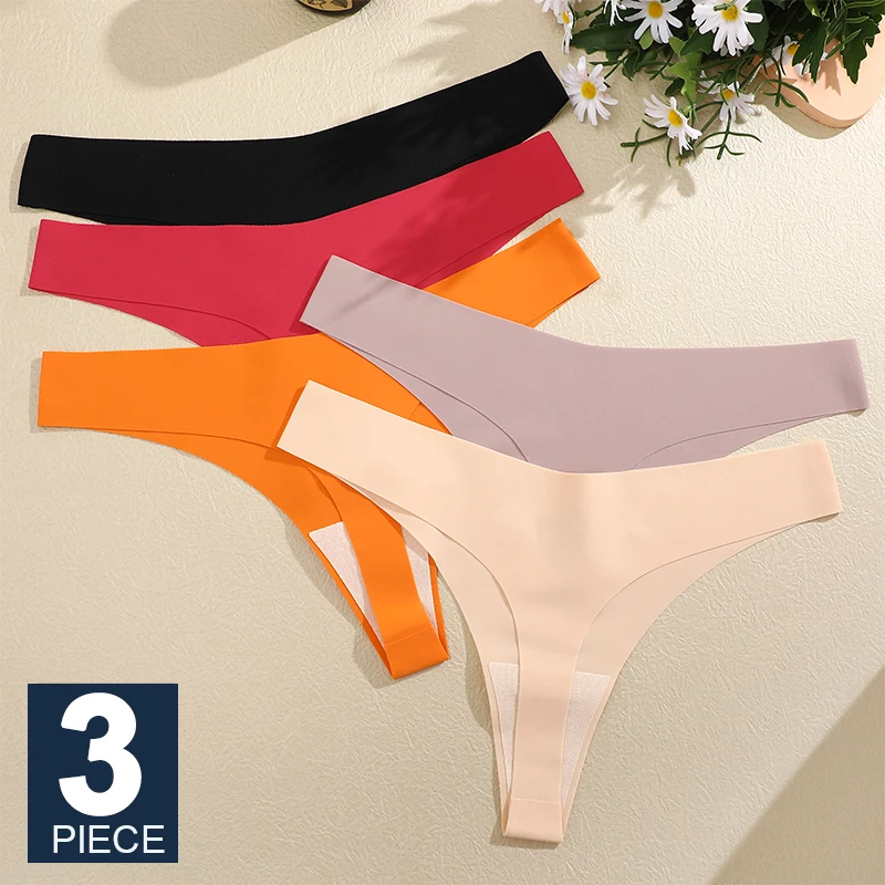 FINETOO 3PCS Seamless Thong ผู้หญิงผ้าไหมน้ําแข็ง T-back Intimate Solid Breathable Crotch กางเกงเซ็กซี่ Tanga หลาย 10 สีชุดชั้นใน