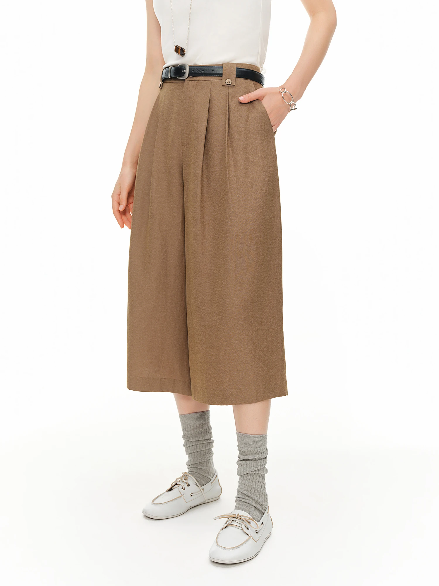 DUSHU 2026 Summer Women‘s Linen Blend Cropped Wide Leg Pants High Waist Relaxed Trousers for Healing Commute Quiet Luxury Style