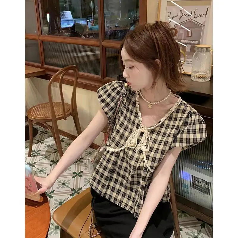 Summer New Plaid Vintage Blouse V Neck Short Sleeve Lace Patchwork Lacing Loose Cute Shirt Tops Korean Fashion Women Clothing