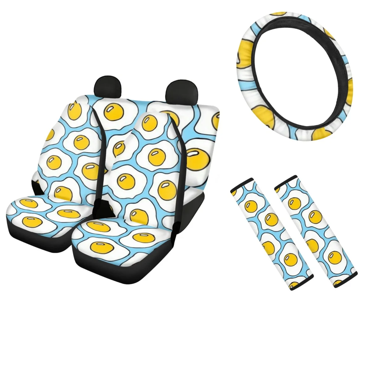 

Poached Egg Design Printed Easy Clean Front/Back Car Seat Cover Soft High Quality Car Seat Belt Anti-slip Steering Wheel Cover