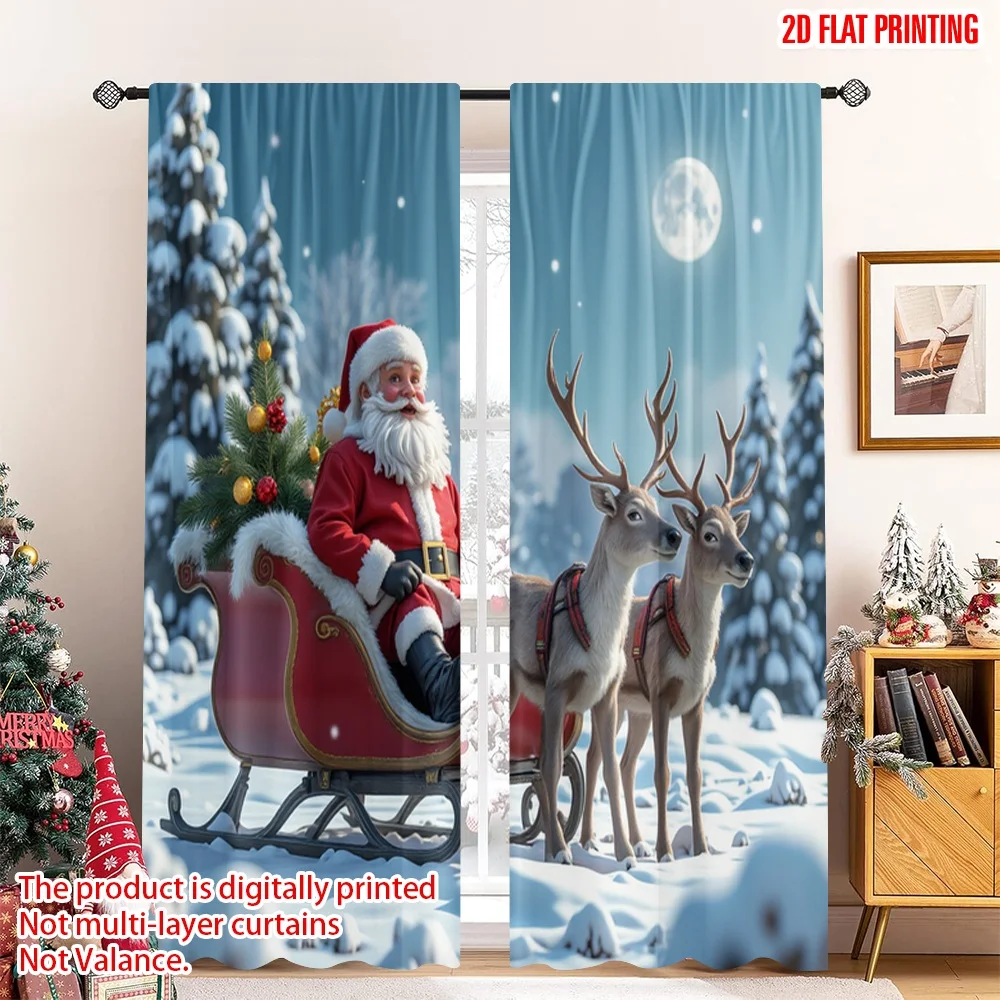 

2pcs 2D flat printing Merry Christmas Popular Curtains Santa Sleigh Reindeer Moon 100% Polyester Without Electricity Festive