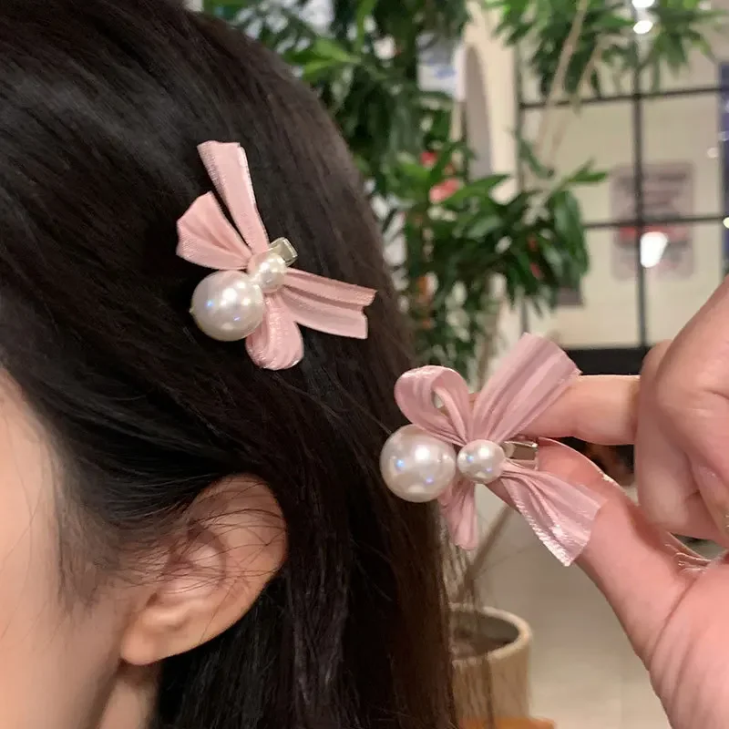 2PCS/Set Exquisite Pearl Bow Hair Clips for Women Sweet Girl Temperament Side Bangs Small Hairpin Fashion Hair Accessories Tiara