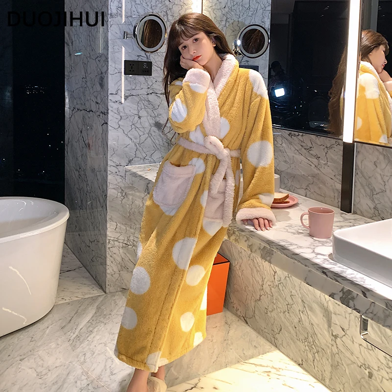 DUOJIHUI Thick Warm Winter Flannel Long Sleeve Nightdress Women New Chicly Pocket Belt Slim Waist Loose Fashion Female Nightgown