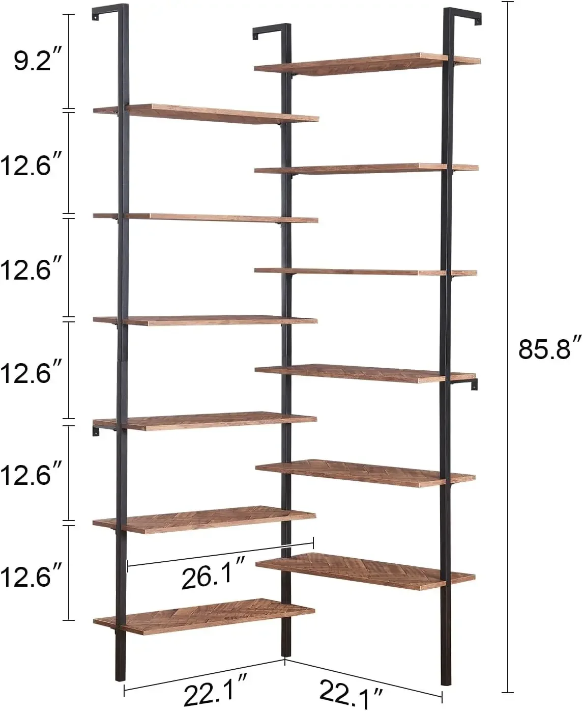 Corner Bookshelf,12-Tier L Shaped Bookshelf, Double Wide Corner Wall Mount Bookcase with Metal Frame and Wood, Modern I