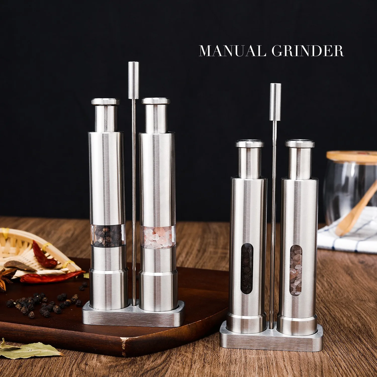 Manual Press type Pepper Grinder Sets Stainless Steel Home Sea Salt Black Pepper Mill Finger Grinding Spice Crude Salt Grinder