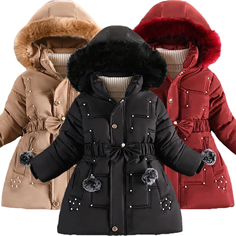 Thick Keep Warm Winter Girls Jacket Detachable Hat Plush Collar Hooded Padded Lining Coat For Kids Children Birthday Present