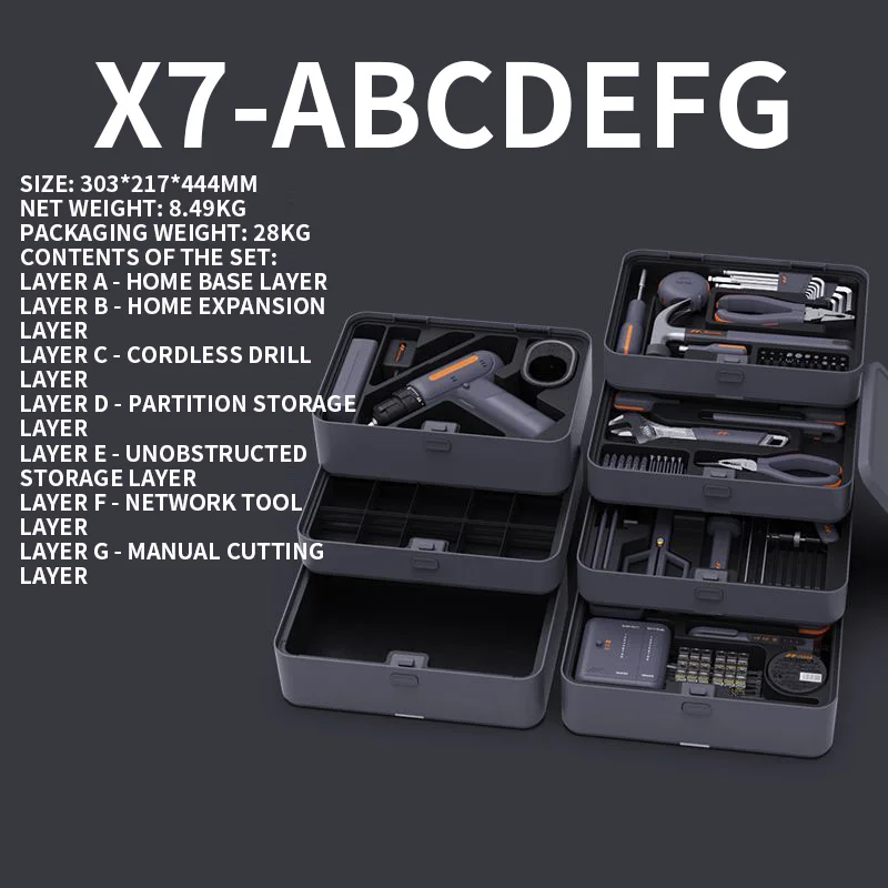 Boîte à outils combinée électrique domestique X9-ABCDEFGHI, combinaison gratuite en couches pour outils à main de bricolage et outils de réparation à domicile