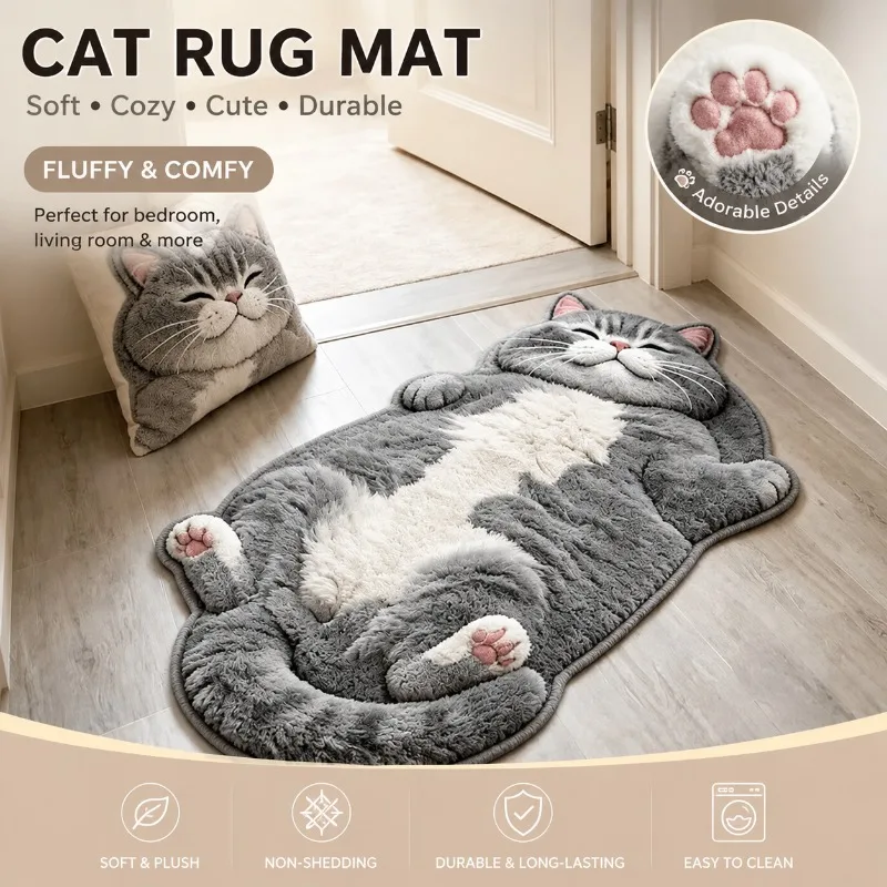 1 Pcs Cute Fluffy Cat Rug Plush Bedroom Bedside Carpet Soft Non-Slip Floor Mat Aesthetic Living Room Bathroom Decor Area Rugs