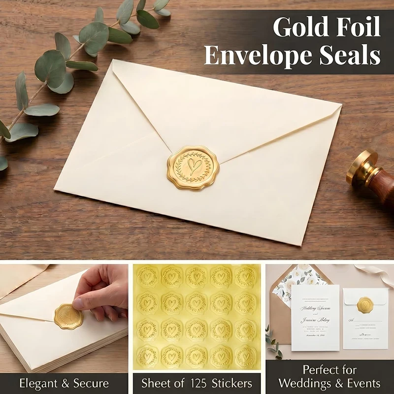 5 Sheets Gold Envelope Stickers 125Pcs Selfadhesive Heart Scrapbook Stickers Sealing Sticker Set for Invitations Envelope Decor