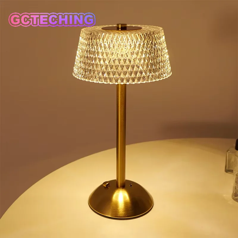 Luminária de Mesa Retrô de Vidro com Diamantes, Recarregável USB, LED, para Bar, Escritório, Proteção Ocular, Luz Noturna, Decoração para Quarto, Hotel, Escritório, Casamento