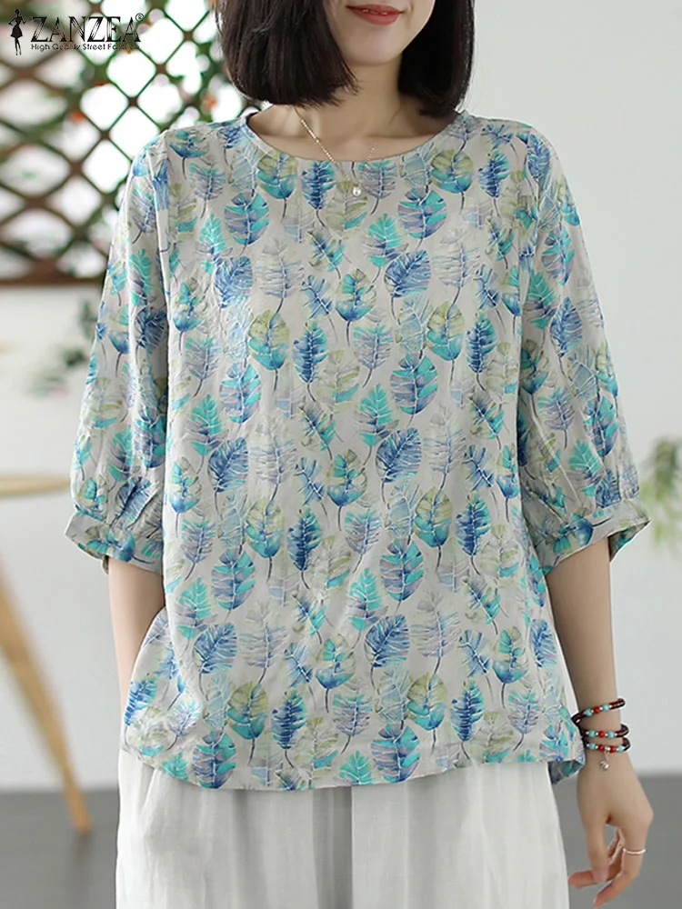 Vintage Printed Shirts ZANZEA Summer Tops Women 3/4 Sleeve Floral Blouse Bohemain Casual Beach Holiday Blusas Femme Chemise 2024