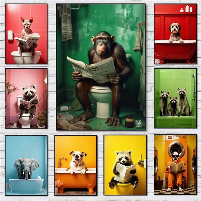 Pintura en lienzo de gato, perro, mono, arte divertido de animales, decoración de pared del hogar, carteles de imágenes, impresiones para baño, sala de inodoro, regalo de decoración del hogar