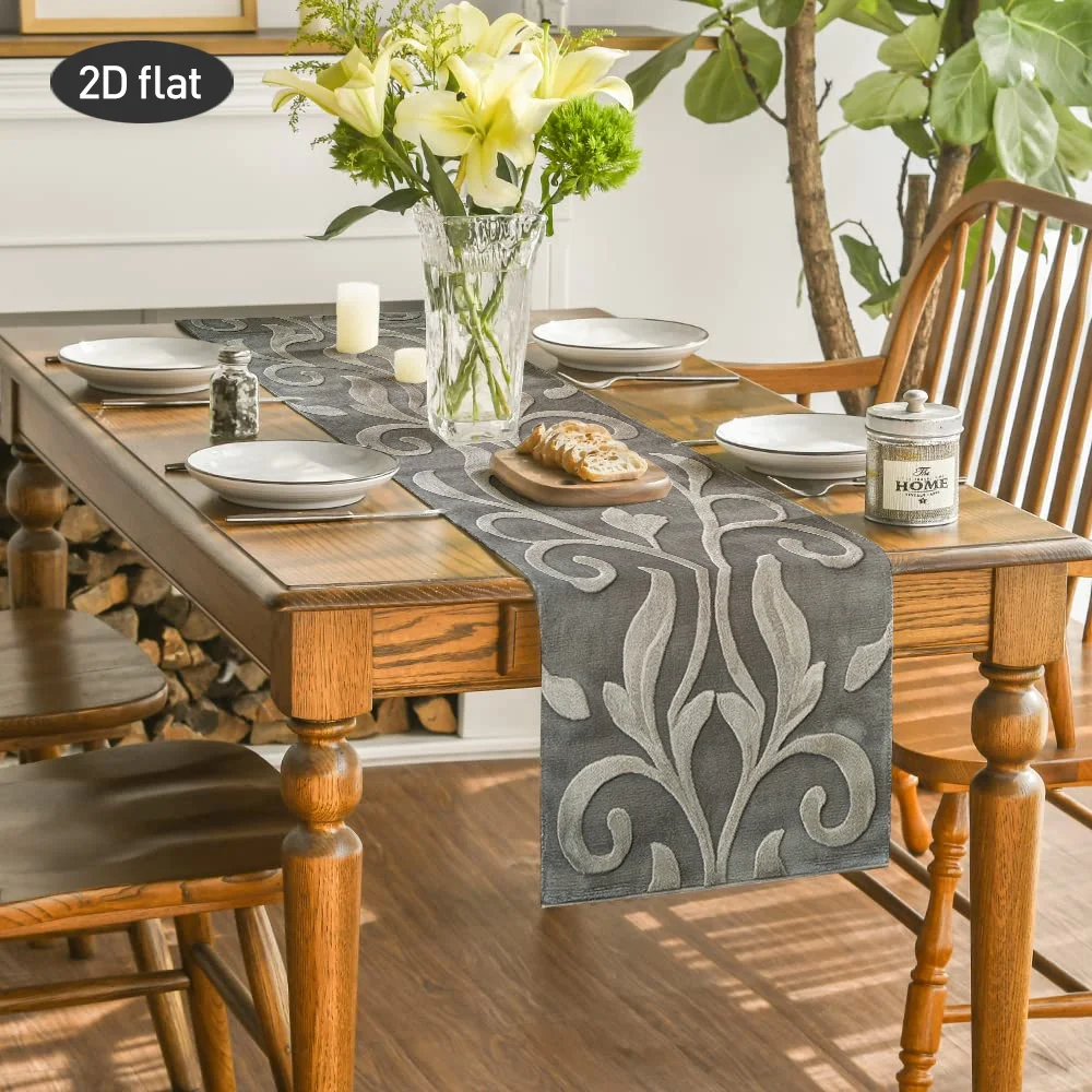 Light Grey Embossed Plant Leaves Table Runner - European Style Elegant Table Cover for Living Room Coffee Table & Party Decor
