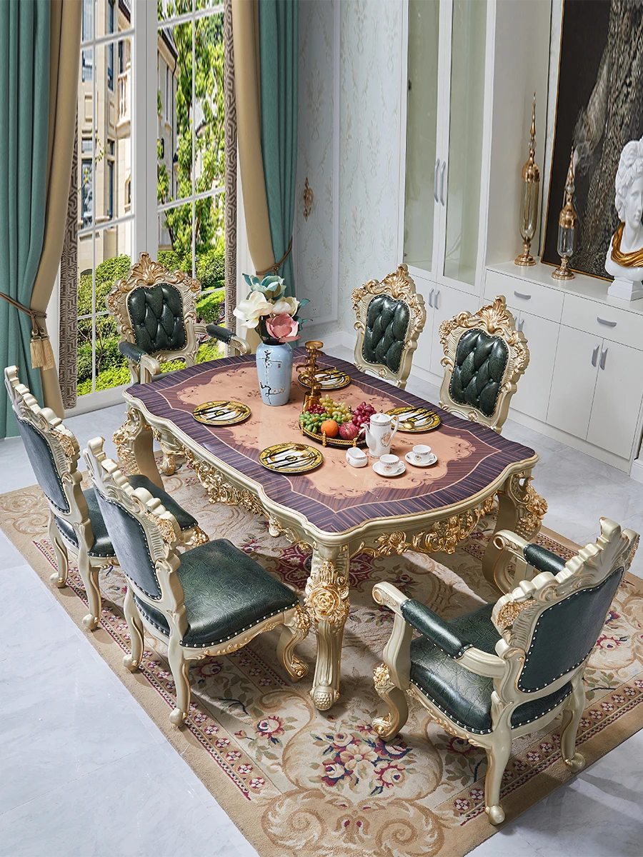 

European style dining table,solid wood, tree nodules, parquet, wood surface, champagne, gold long stick, gold foil restaurant