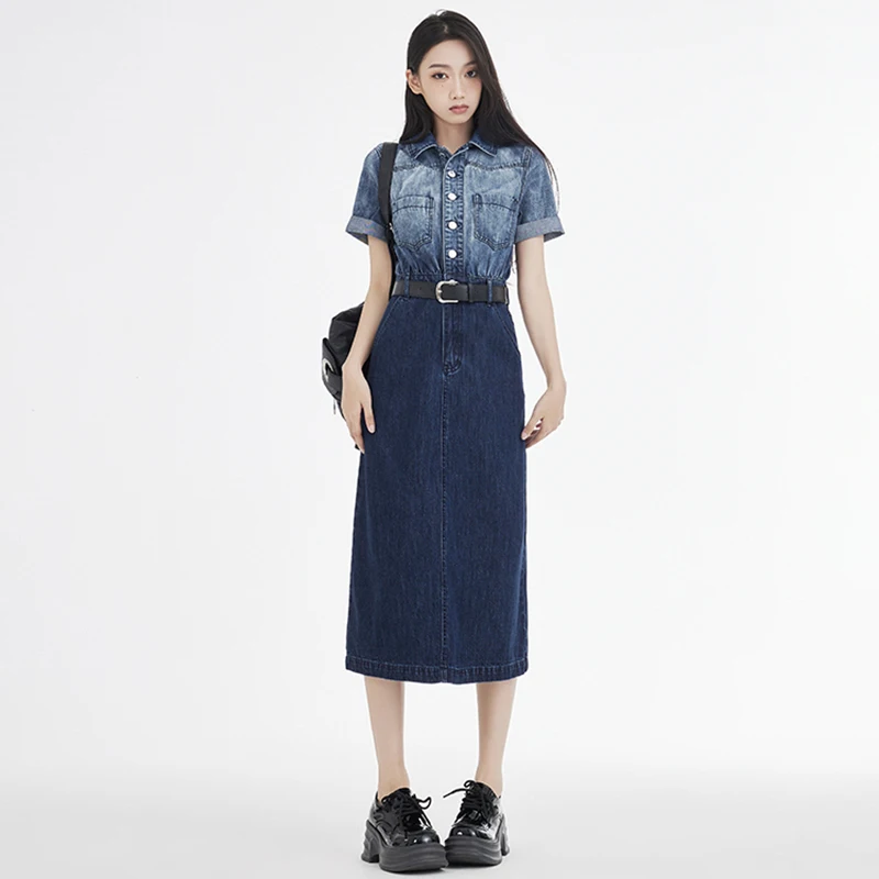 

New Women Spring Summer Vintage Gradient Denim Dress Fashion High Waist Short Sleeve Slim Long Dress Casual Blue Mid-Calf Dress