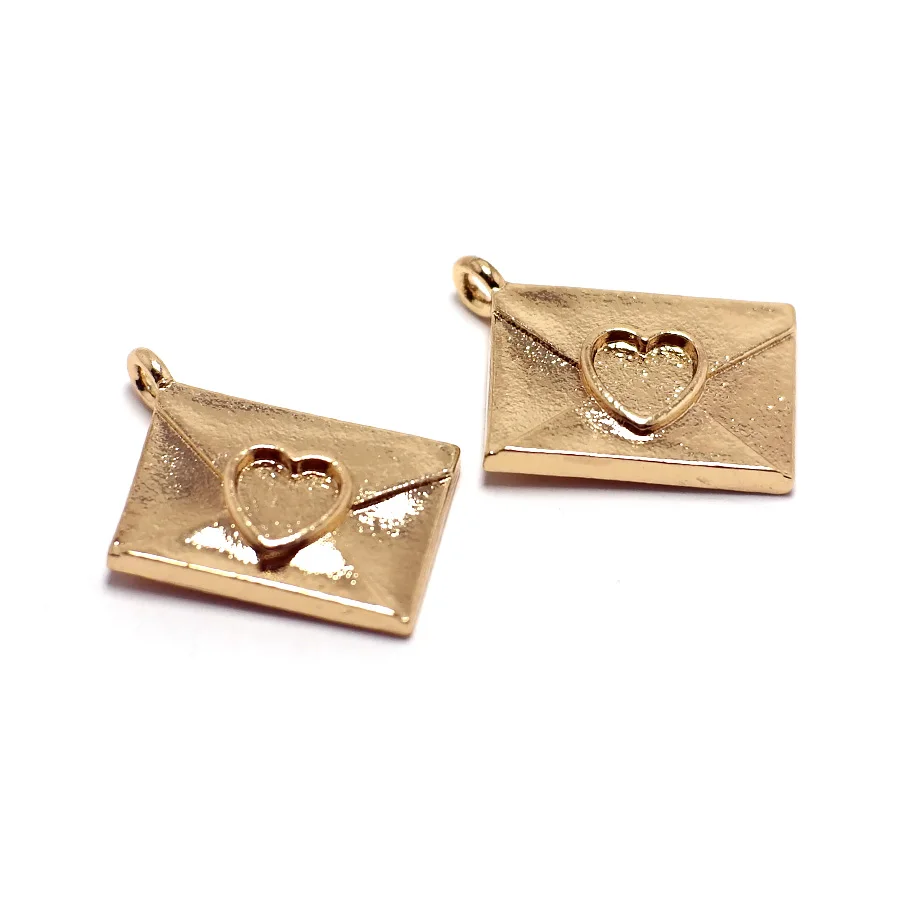 2pcs Envelope Charm,Light Gold Color Plated Brass,Heart Pendant,Necklace Dangle,Rectangle Earring Dangle,Jewelry Necklace Making