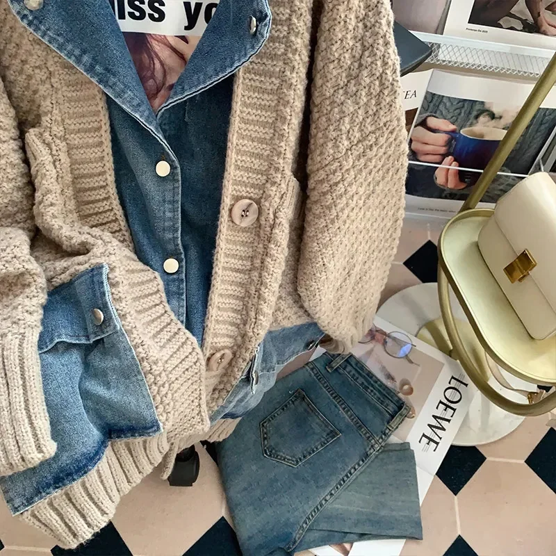 Fat mm200 Pounds Vintage Denim Patchwork Sweater Coat ins Fashion Woman 2023 Autumn Winter New Thickened Loose Niche Cardigan