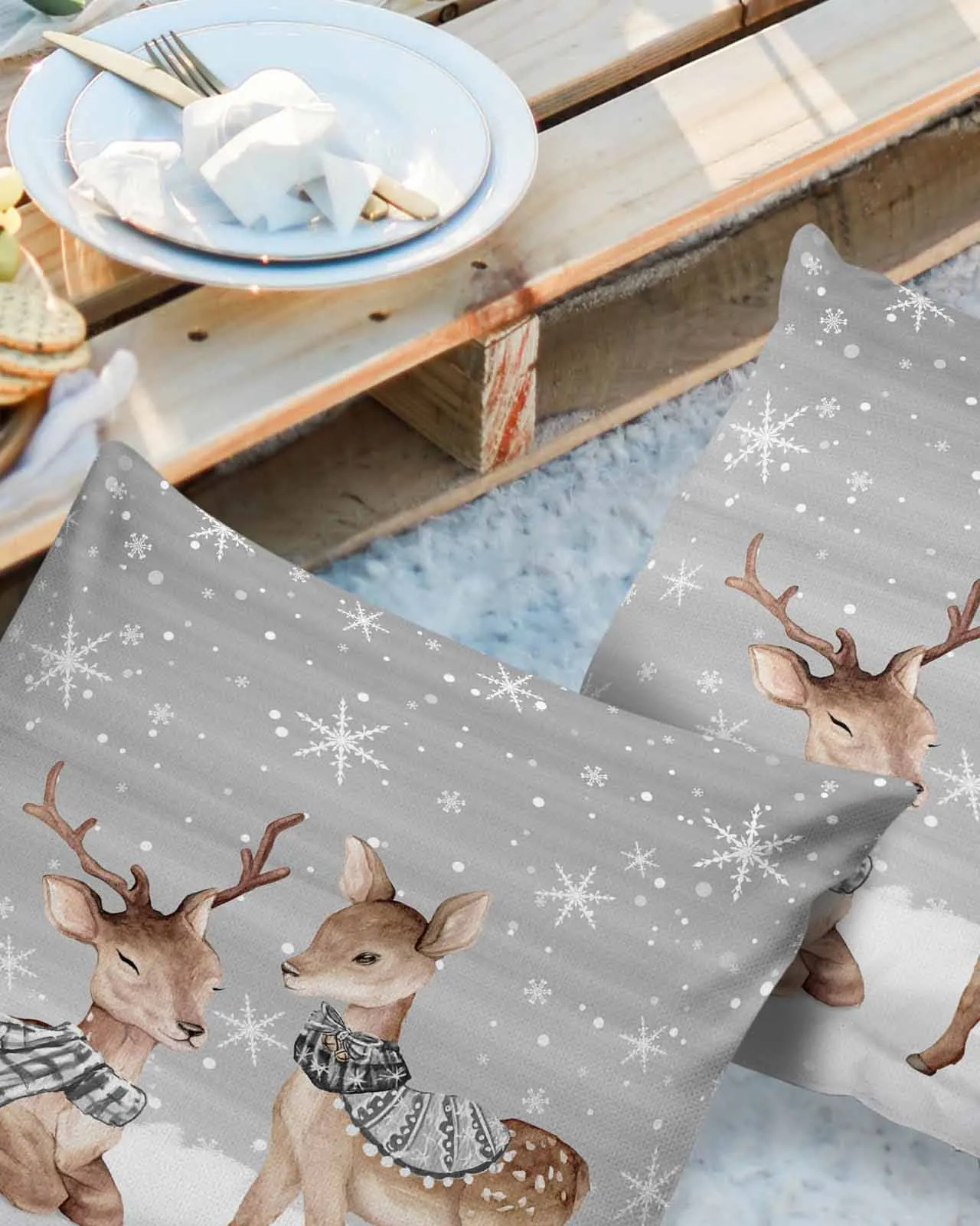 Winter Deer Snowflakes Pillowcase Set Living Room Sofa Decor Cushion Cover Waterproof Throw Pillowcover