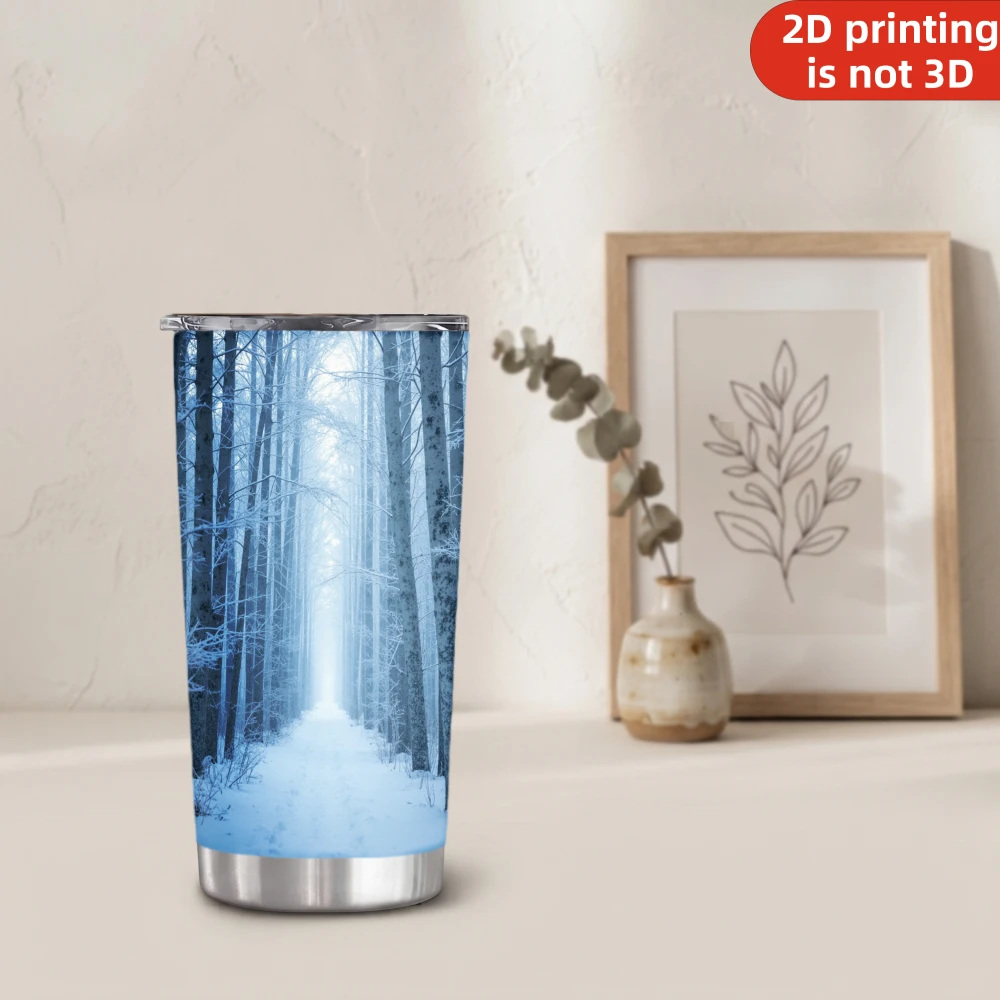 20oz Frosty Winter Forest Printed Stainless Steel Tumbler with Lid and Straw, Blue Ice Snowy Tree Avenue Misty Woodland Vacuum Insulated Travel Coffee Mug Gifts for Winter Lovers