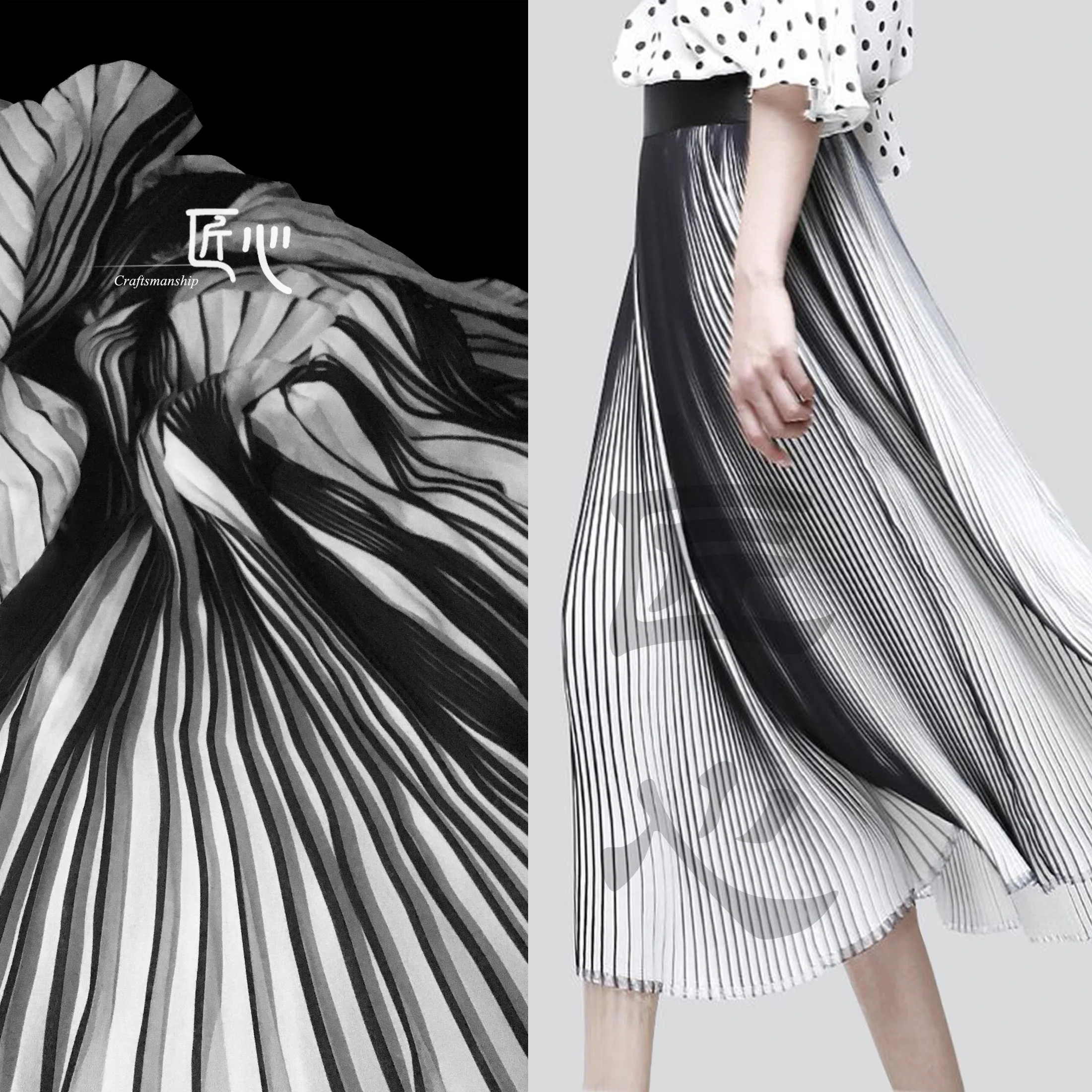 Two-Tone Black and White Striped Pleated Designer Printed Dress Wedding Dress Spring and Autumn Dress Fashion Fabric