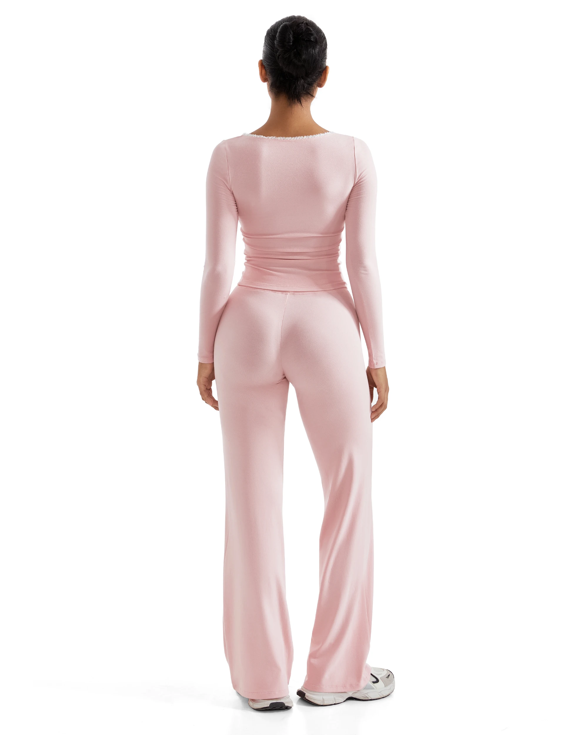 Ensemble de salon en dentelle pour femmes, col carré, manches longues, hauts, pantalons à jambes larges, ensembles de maison, automne, ensemble 2 pièces, tenues, survêtements féminins