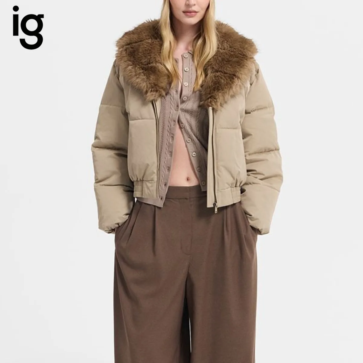 IG Women  Fur Collar Quilted Cropped Puffer Jacket Zip Front Elastic Hem, Winter Warm Vintage Casual Commute Outerwear