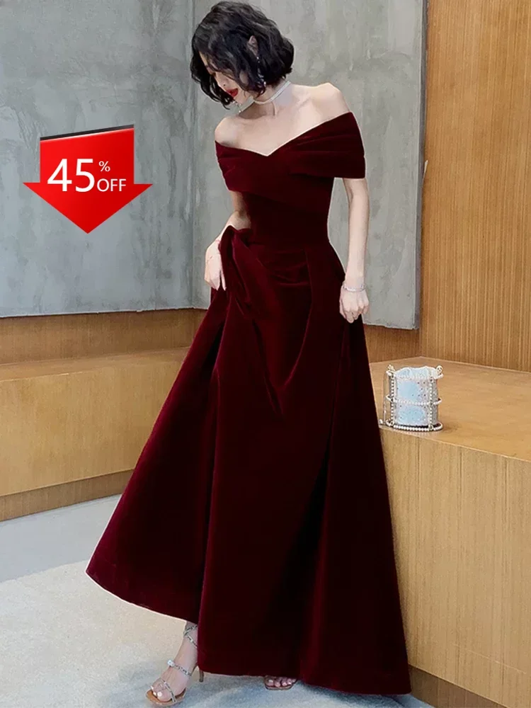 SOILFOIL Velvet Bride Toasting Dress 2024 New wine red Shoulder plus size Temperament Usually Wear Evening Dress Women