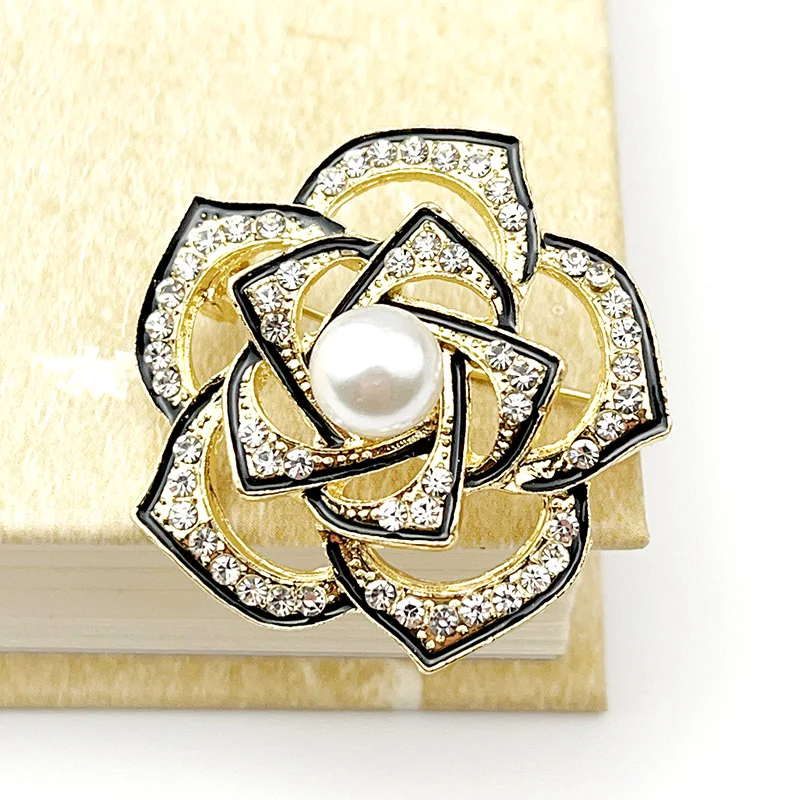 Korean Version Small Fragrance Rhinestone Drop Oil Camellia Brooch Women Retro Multi Layer Flowers Pearl Anti Slip Clothing Pins
