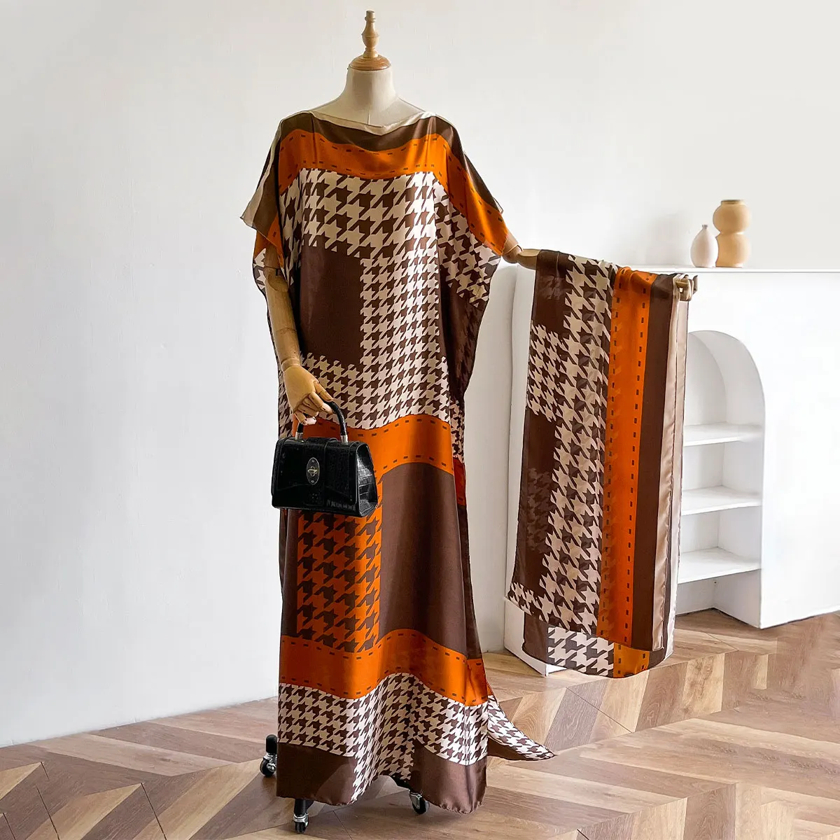 Novedad de verano, vestidos africanos de moda para mujer, elegante vestido musulmán de seda estampado para mujer, vestido largo tipo caftán Hijab de gran tamaño, Abaya de Kuwait 2025