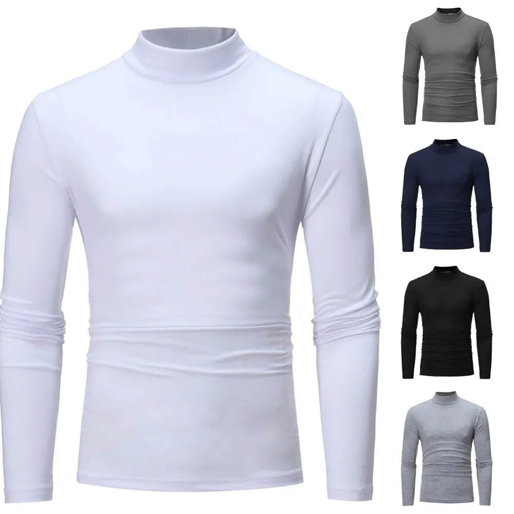 Hot Winter Warm Men Mock Neck Basic Plain T-shirt Blouse Pullover Long Sleeve Top Male Outwear Slim Fit Stretch Fashion Sweater