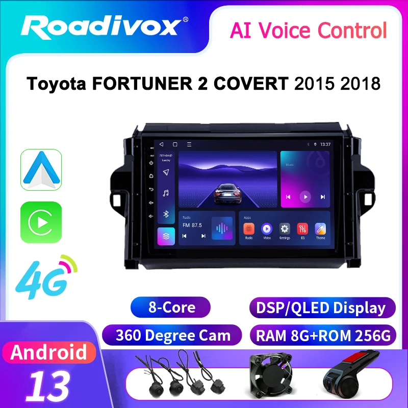 roadivox Android car radio for Toyota FORTUNER 2 COVERT 2015 2018 GPS Navigation video Multimedia Player tape recorder  carplay