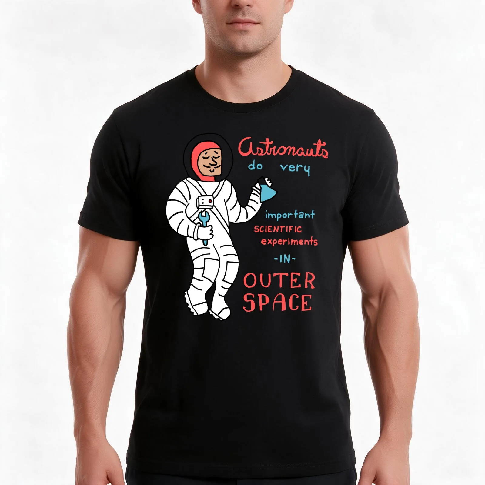Scientific Astronauts - funny cartoon drawing with handwritten text T-Shirt Summer Casual Cotton Tee Oversized Streetwear Tops