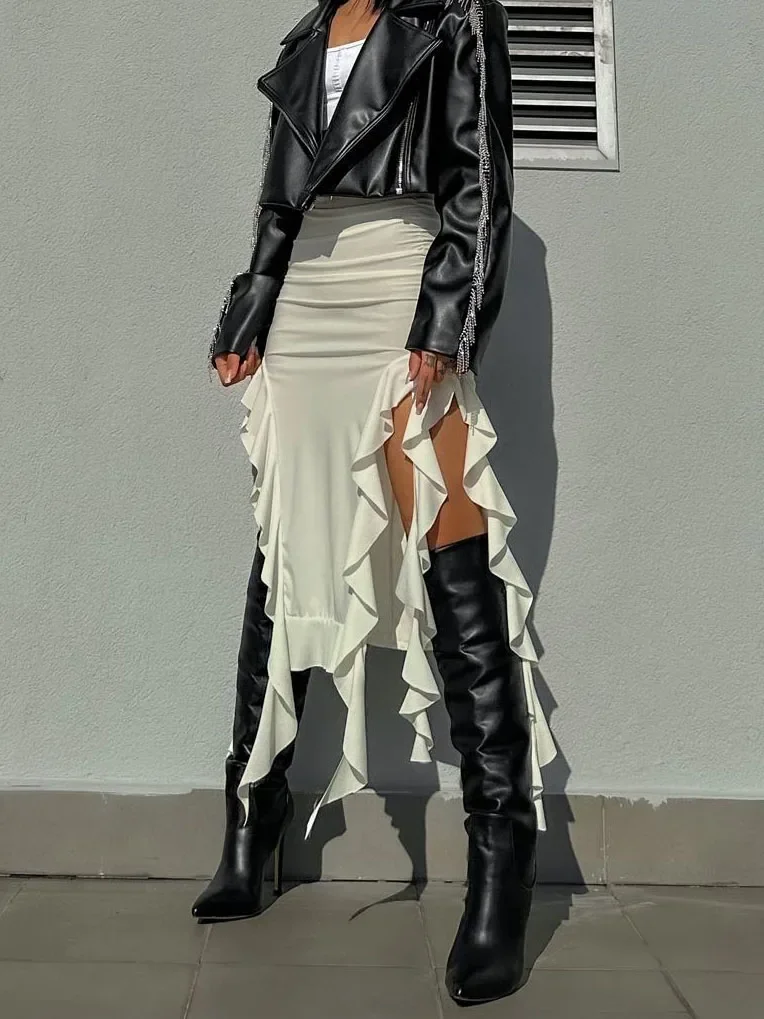 Tassel Summer Female Long Skirt Ruffled High Waist Broken High Split Fashion Pleated Sexy Solid Patchwork Maxi Skirt 2023