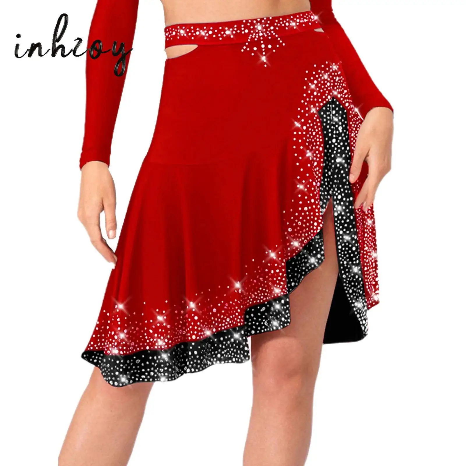

Jazz Latin Dance Skirt Women Shinny Rhinestones Color Contrast Sides Cut Ruffled Skirt for Stage Performances Dance Competitions