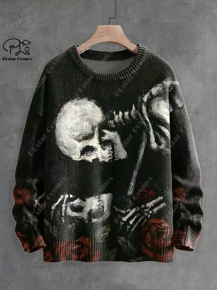 3D Printing Halloween Custom Series Horror Ghost Skull Witch Black Cat Pattern Ugly Sweater Street Casual Winter Sweatshirt W-9