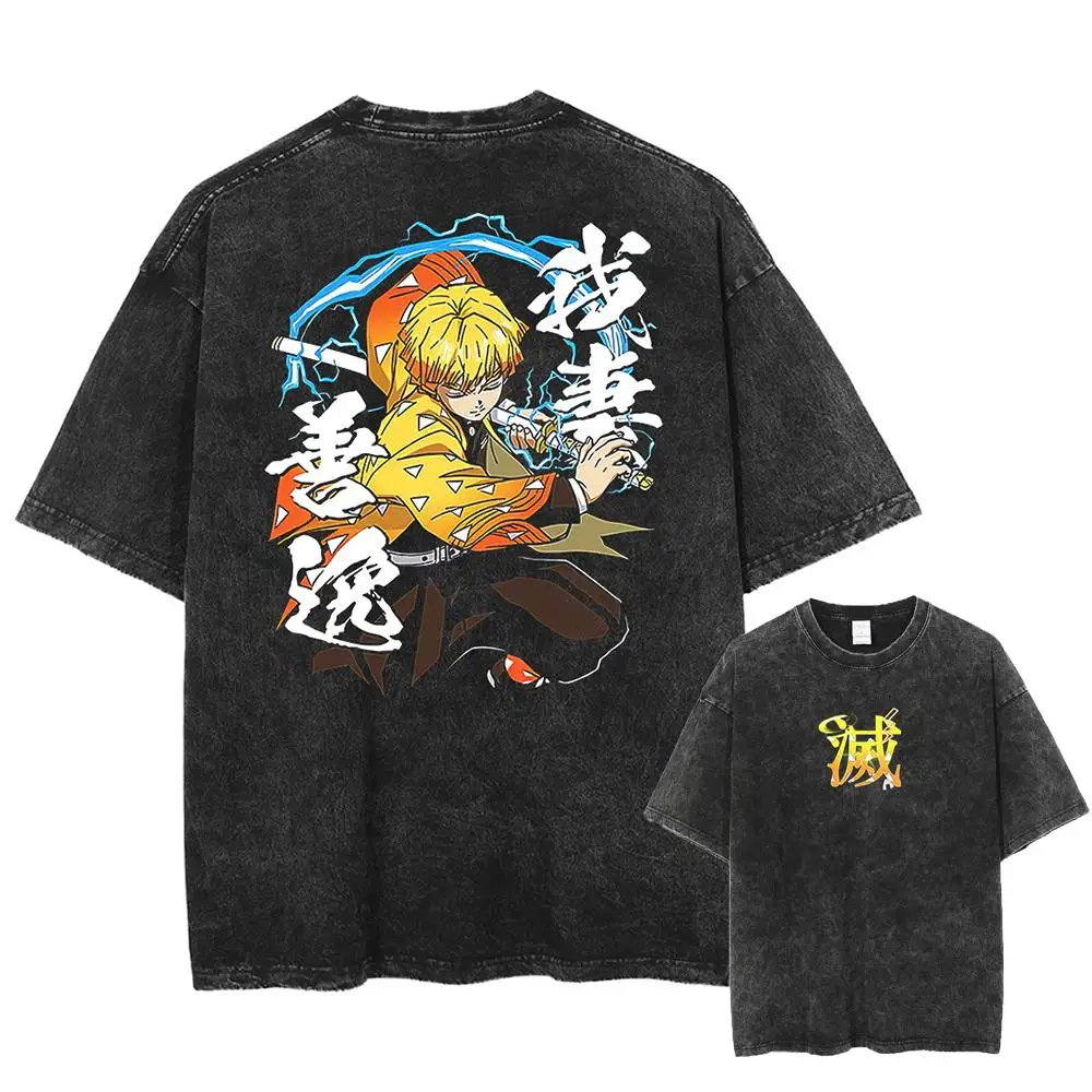 Japan Anime Demon Slayer Agatsuma Zenitsu Bedrucktes T-Shirt für Männer Gewaschenes Baumwoll-T-Shirt Manga Casual Tee Harajuku Herren Vintage T-Shirt