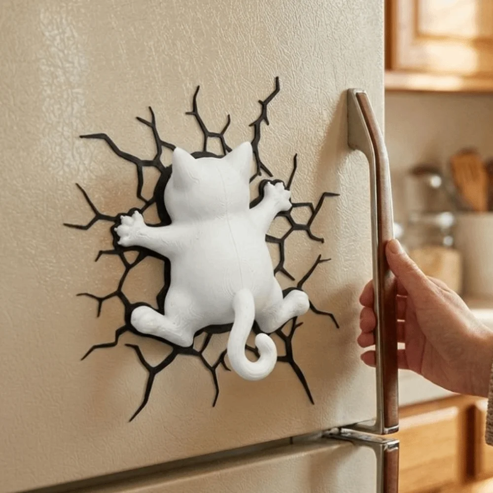 Novelty 3D Crack Cat Fridge Magnet 3D Printed Optical Illusion Animal Magnet Ornament Plastic Climbing Back